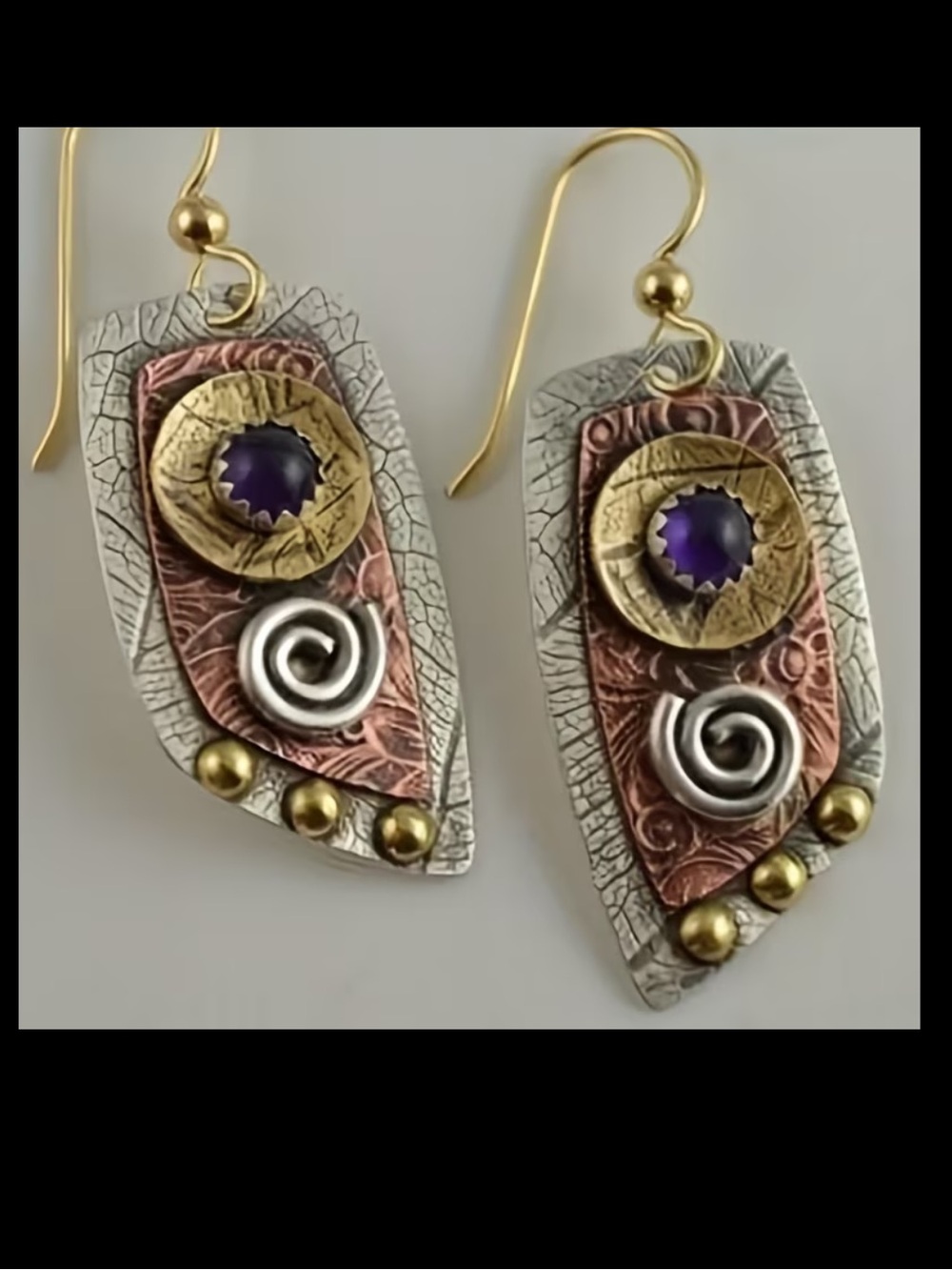 Mixed Metal Purple Stone Dangle Earrings - Artisan Boho Jewelry